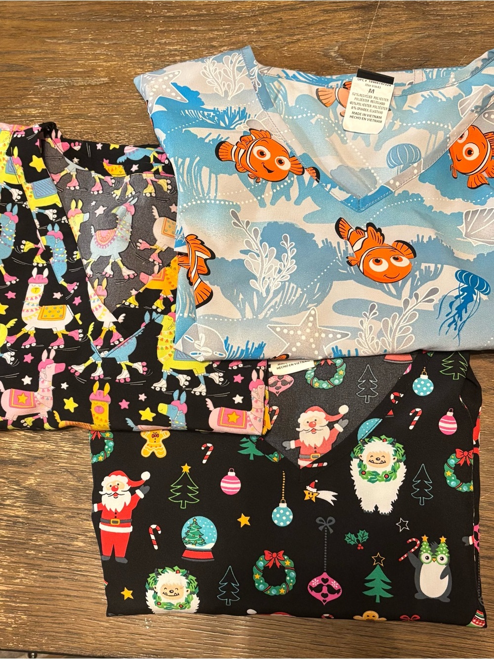 Lot of 3 Fun Printed V-Neck Scrub Tops - Mixed Sizes (2 Medium, 1 Large)
